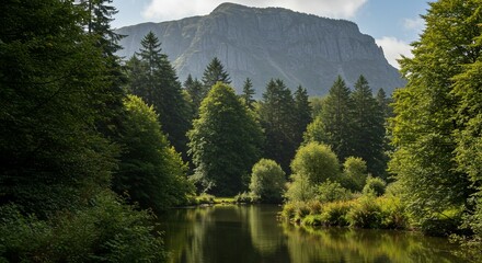 Tranquil mountain forest river landscape