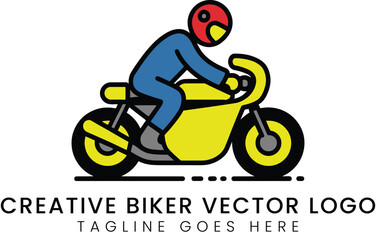 Creative biker logo illustration with a helmeted rider on a yellow bike