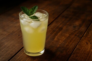 Tall glass filled with lemonade ice and mint on a wooden background