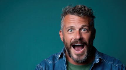 A charismatic man with a playful grin and stylish hair captures joy and enthusiasm, showcasing a vibrant expression against a striking teal background.
