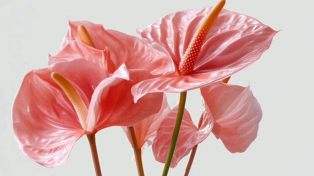 Vibrant pink anthurium flowers with glossy petals and striking orange spadices, arranged elegantly against a soft neutral background, showcasing the beauty of nature in floral design and decor
