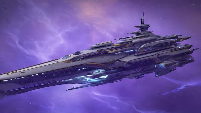 Futuristic Spaceship Battling Through the Cosmos, Navigating Nebula Clouds and Distant Galaxies
