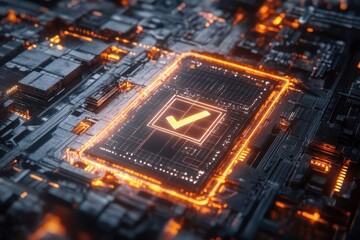 Obraz premium A computer chip with a check mark. The chip is surrounded by a blue and orange background. Digital interface with check mark displayed on a glowing virtual.