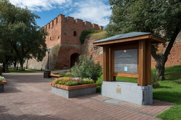 Brick fortress with crenellations a walkway trees and informational kiosk on a sunny day