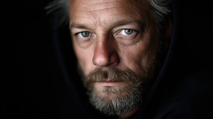 Fototapeta premium A mature man with a hint of gray in his beard gives an intense stare directly at the camera, capturing a strong, thoughtful vibe against a dark background.