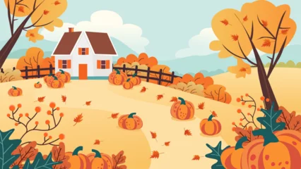 Fotobehang Boerderij Pumpkin farm with beautiful autumn trees. Pumpkin day on the farm with house, fence, trees and bushes. Autumn rural landscape of pumpkin field and farm, vector illustration. Autumn harvest.  © LoveSan