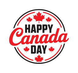Happy Canada Day circular logo with red maple leaves