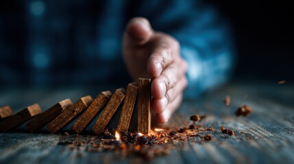 A close-up shot of a hand intervening to stop a chain of falling wooden dominoes, symbolizing control over chaos and the importance of intervention in life&rsquo;s challenges.