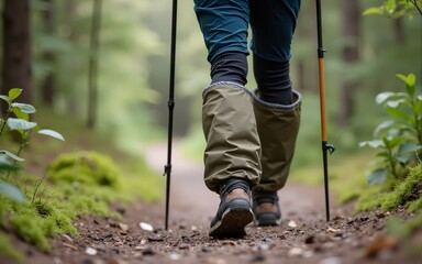 Hiker wears waterproof gaiters over trekking boots walking with hiking sticks. Clothing and equipment for backpacking and camping. High quality