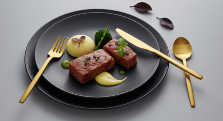 Gourmet Food Photography Elegant Steak Dinner with Mashed Potatoes Gold Cutlery on Black Plates