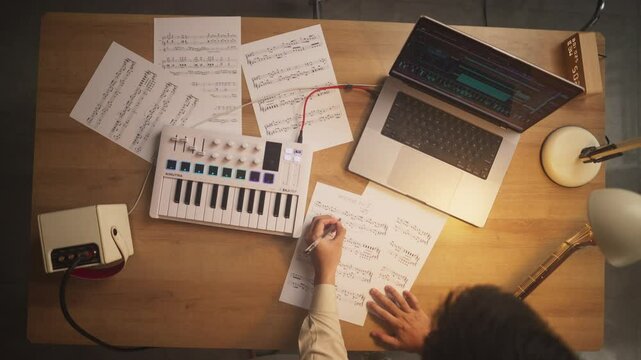 Top-Down Shot of a Musician Composing a Song, Marking Sheet Music on a Desk with a Piano and Laptop

