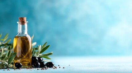 A glass bottle filled with olive oil, surrounded by fresh green olives and olive leaves, symbolizing health, nature, and the Mediterranean lifestyle.
