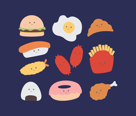 Collection of doodle food character illustrations with cute faces