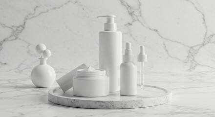 White cosmetic containers on marble tray