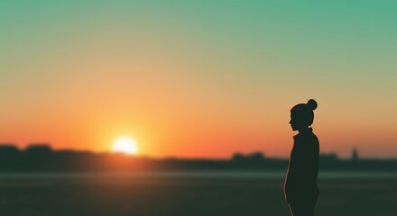 Fototapeta premium minimalist style image of a warm sunset with blurred effect, girl positioned on the right side with mint green tones, leaving ample copy space on the left for text., digital illustration