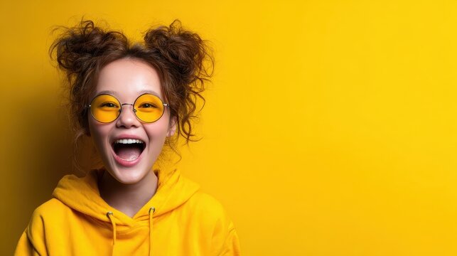 A joyful girl wearing a bright yellow hoodie and sunglasses beams with a big smile against a vibrant yellow background, radiating positivity and youthful energy.