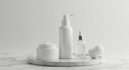 White cosmetic products on marble tray