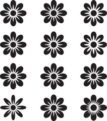 Collection of simple black flower icons with varying petal counts and shapes