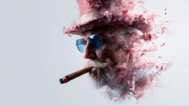 A stylized portrait of an elderly man in a pink top hat and sunglasses smoking a cigar, represented with swirling smoke and artistic flair to emphasize character.