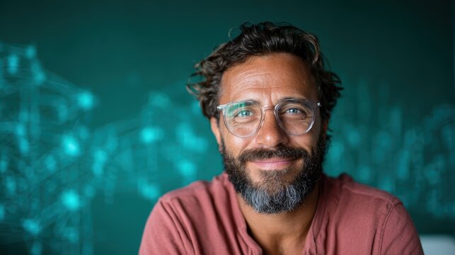 A bearded man with glasses beams at the camera, his approachable look and trendy attire contrasting against a vibrant green backdrop filled with abstract patterns.