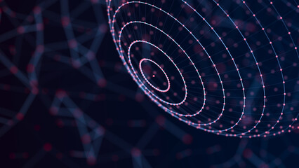 Abstract 3d sphere. Futuristic dots background. Colored music surface. 3d rendering.
