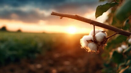 A close-up of cotton blossoms on a branch, illuminated by a warm sunset glow in a field, representing nature's beauty and agricultural richness in a serene landscape.