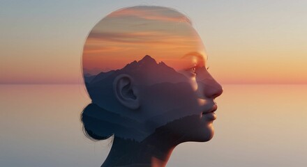 Womans silhouette blended with mountain sunset landscape