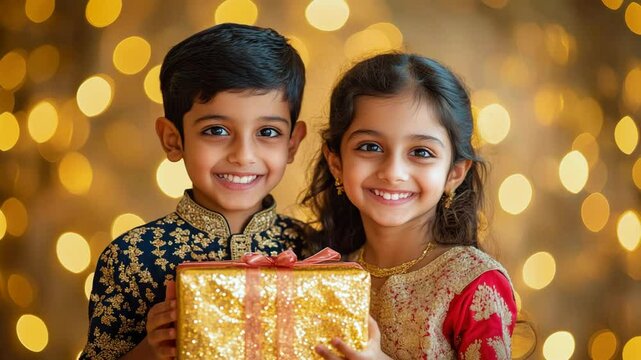 Indian siblings exchanging gifts at festival, raksha bandhan bhai dooj concept 