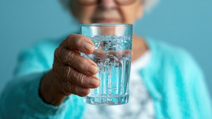 An intimate portrait of an elderly individual proudly holding a clear glass of water, symbolizing health, life, and the importance of staying hydrated in one's golden years.