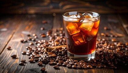 Fototapeta premium Iced Coffee with Cinnamon: Refreshing iced coffee in a rocks glass, filled with ice cubes, surrounded by roasted coffee beans and a cinnamon stick.