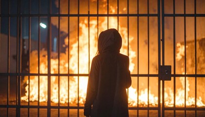 Silhouette against Blaze: A lone figure stands defiantly, silhouetted against a raging inferno, evoking a sense of resilience and impending danger.