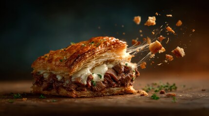 A mouthwatering close-up of a flaky layered pastry filled with meat and topped with herbs, enticing food lovers with its hearty texture and tantalizing appeal.