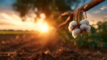Cotton bolls hanging on a twig against the backdrop of a beautiful sunset, showcasing the natural beauty of farming and the essence of crop harvesting.