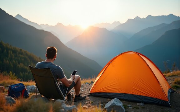 Man traveler relaxing in mountains near of tent camping gear outdoor Travel adventure lifestyle concept hiking active vacations. High quality
