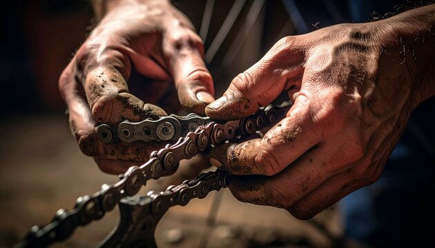 Mechanic's Careful Hands: Close-up captures a mechanic's detailed focus on the complex bicycle chain, depicting the precision and expertise required for the task. - Powered by Adobe