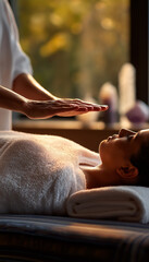 Reiki Healing Session in Bright Wellness Studio – Female Therapist Practicing Reiki Above Full Body of Female Client on Massage Table, Covered with White Towel