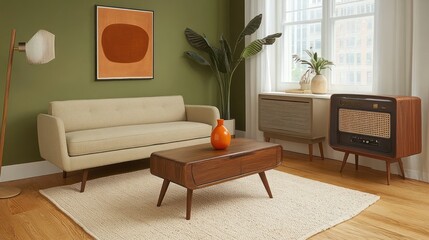 Mid-century modern living room with a beige sofa and wooden furniture.