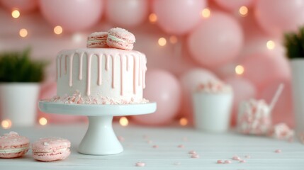 A charming pink cake with a drip effect is topped with delicate macarons, set against a backdrop of soft pink balloons and fairy lights for a festive ambiance.