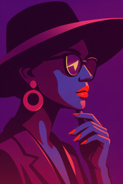 Stylized portrait of a woman in a wide-brimmed hat and retro sunglasses, rendered in bold colors and geometric shapes. She has a thoughtful pose.