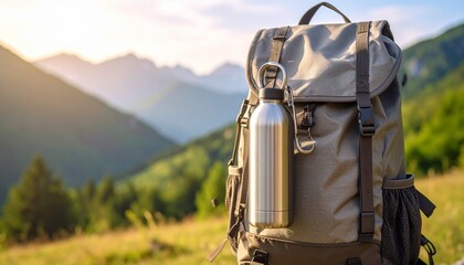 Hiking Backpack and Water Bottle: A sturdy backpack sits against a backdrop of majestic mountains at sunset, a reusable water bottle attached, ready for adventure. 