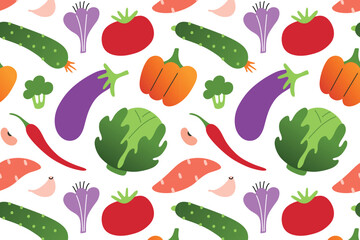 Flat cartoon vector illustration pattern with fresh vegetables in colorful doodle style. Eggplant, cabbage, tomato for eco friendly packaging, healthy food design, farming, kitchen and nutrition theme