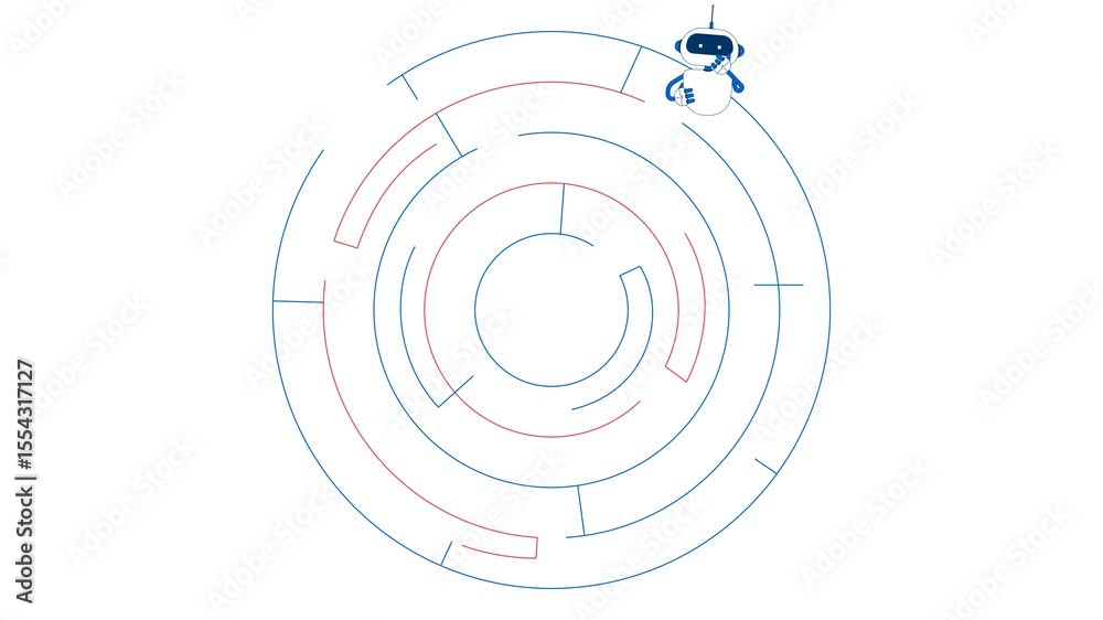 Poster training ai through problem solving 2d animation. llm finding way out of labyrinth. robot escaping m