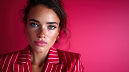 A glamorous woman in a red pinstriped suit strikes a powerful pose against a vibrant pink background, combining fashion-forward style with an assertive and confident demeanor.