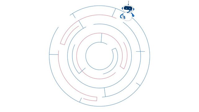 Training AI through problem solving 2D animation. LLM finding way out of labyrinth. Robot escaping maze of logic animated composition cartoon flat concept metaphor 4K video isolated on white
