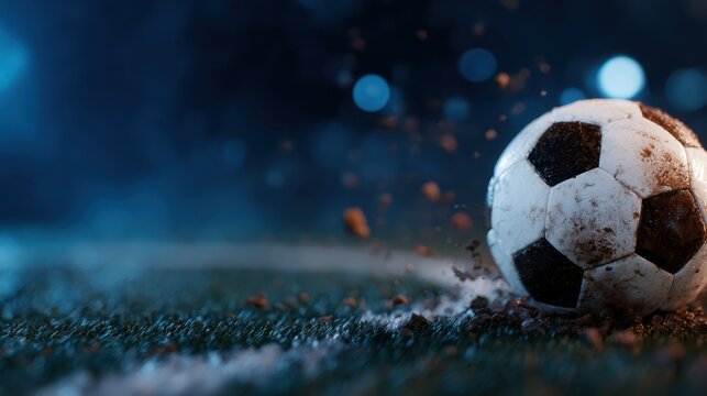 A soccer ball is dramatically propelled across a vibrant green field, with dirt flying in its wake, capturing the energy and excitement of the game, showcasing action and athleticism.