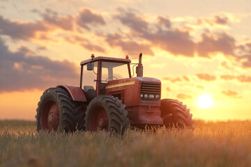 Fototapeta premium Red Tractor in a Field at Sunset