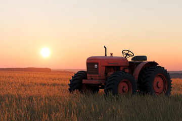 Red Tractor in a Field at Sunset