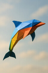 Vibrant, geometric dolphin soaring through the sky, a unique origami artwork blending modern art with playful imagination.