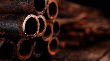 An artistic view of rusty pipes, creating an abstract composition that reflects industrial aesthetics while evoking feelings of decay, nostalgia, and the passage of time.