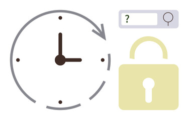 Clock with arrow, padlock, and search bar illustrating time efficiency, data security, and search optimization. Ideal for workflow, productivity, cybersecurity, technology research problem-solving